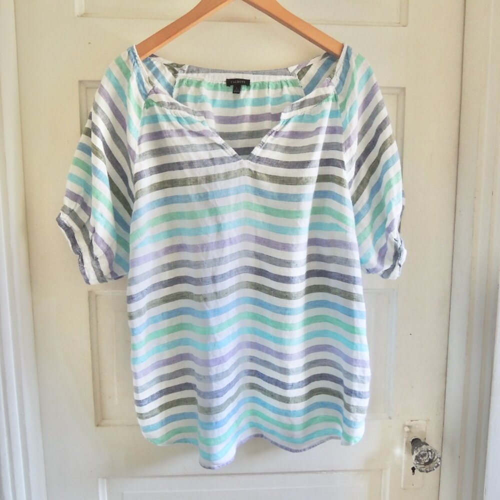 Talbots 100% Linen Multicolor Rockport Striped Top L